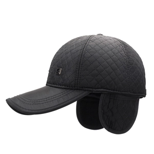 Winter black quilted baseball cap for men with ear flaps and warm thermal fleece lining