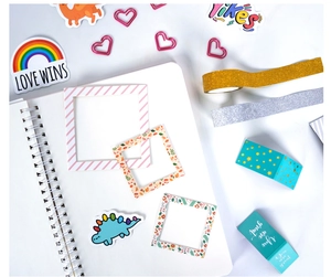 Flat lay of blue themed DIY journal set with glitter tapes and decorative stickers