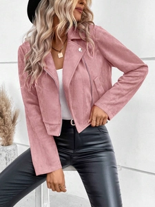 Detail of pink faux suede jacket texture with zip-up collar and slim fit design
