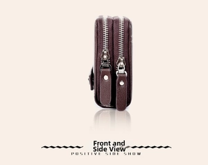 Close-up of brown textured leather wallet with dual metal zippers and side view detail