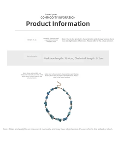 Detail view of aquamarine beaded necklace with dimensions and weight info