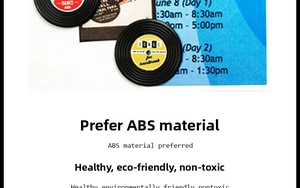 Detail of retro vinyl record fridge magnets made from eco-friendly black ABS material