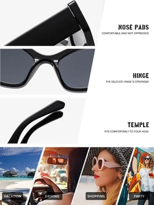 Detail of ergonomic nose pads, reinforced hinges, and comfort temples on black sunglasses