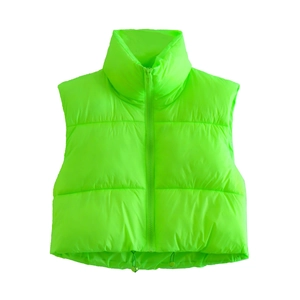 Neon green cropped puffer vest with stand collar and adjustable drawstring hem
