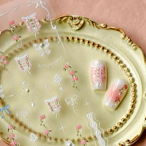 3D embossed white lace nail art stickers with French vintage rose and bow designs