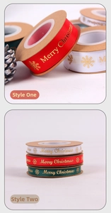 Detail of red, white, and green Merry Christmas ribbons with gold foil snowflakes and text