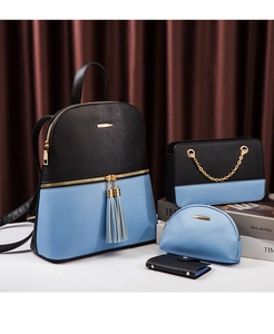 Detail view of 4-piece fashion backpack set in blue and black cross-grain PU leather
