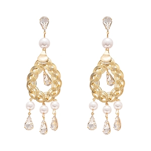 Elegant vintage hollow gold earrings with white pearls and crystal waterdrop tassels