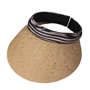 Zebra print headband sun hat with sparkling rhinestone straw brim for women