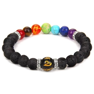 Lava stone chakra bracelet with seven colored beads and engraved mantra charm