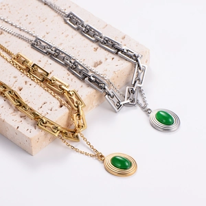 Retro emerald pendant necklaces in gold and silver finish with layered geometric chain