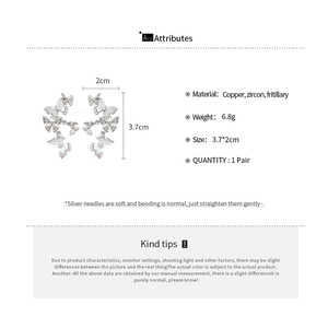 Detailed size chart for butterfly earrings with silver needles and zircon shells