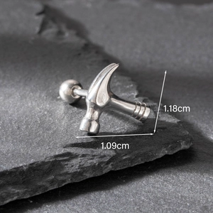 Macro shot of a silver hammer stud earring showing dimensions of 1.18cm by 1.09cm
