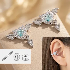 Light Blue Zircon Heart Angel Wings Arrow Cartilage Piercing Earring Titanium Steel Screw Back Stud Jewelry For Women