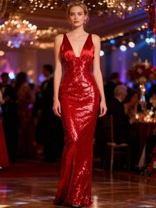 Detail of burgundy evening gown showing sequin bodice and satin mermaid skirt joinery