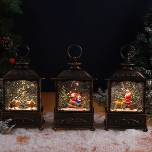 Vintage Christmas lantern music box with snow scene and warm LED light decoration