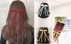Detailed collage of long satin ribbon hair bows in multiple colors for various hairstyles