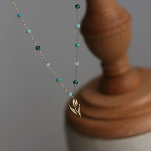 Elegant 18K gold plated tulip necklace with vintage green stones and colorful beads