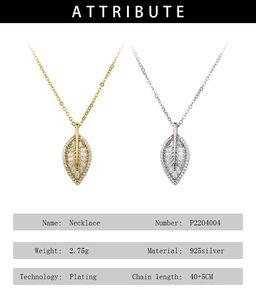 Leaf-shaped necklace details showing 925 silver plating, zircon inlay, and size 40+5cm