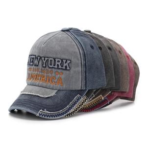Detailed embroidery of NEW YORK lettering on vintage washed cotton baseball caps