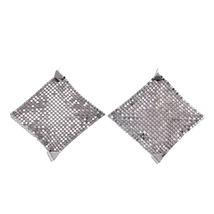 Exaggerated silver metallic mesh drop earrings with geometric triangles for party style