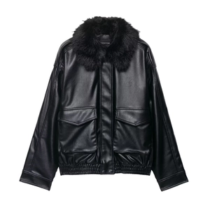 Damen Kunstlederjacke in Schwarz mit abnehmbarem Kunstpelzkragen und Reißverschluss