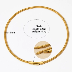 Detail of 4mm golden snake chain showing 42cm length and secure plug-in buckle