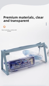Detailed view of a transparent blue stationery pouch with zipper and inner contents