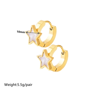 Detailed view of 10mm gold star earrings with mother of pearl inlay and 5.5g weight info