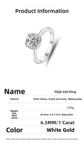 Detail of 1 carat moissanite ring in S925 silver with full specifications and dimensions