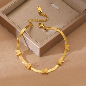 Golden butterfly charm bracelet with flat snake chain and five matte pendants