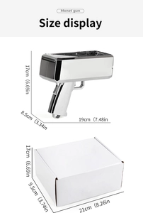 Detailed size specifications for the silver money gun toy and its retail packaging box