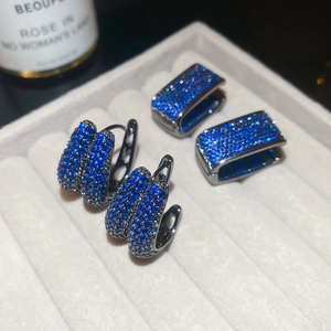 Rectangular U Shaped Hoop Earrings Copper With Blue Cubic Zirconia Micro Pavé Gunmetal Black Retro Women Silver Earring Post