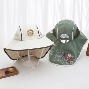 Kids Outdoor Sun Protection Hat Polyester Breathable Mesh Neck Flap Extra Large Brim Adjustable Windproof Summer Sport Casual