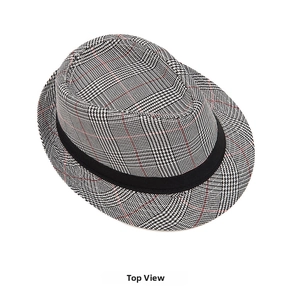 Top view of classic glen plaid fedora hat with black band and subtle red stripes