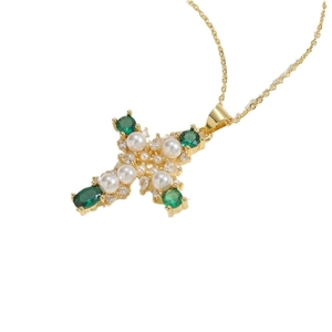 14K gold plated cross pendant necklace with white pearls and green zircon gemstones