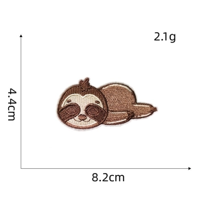 Detailed view of sloth embroidery patch with 8.2cm x 4.4cm size specs and 2.1g weight
