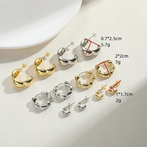 Minimalist 14K gold and silver plated bamboo style hoop earrings set with dimensions