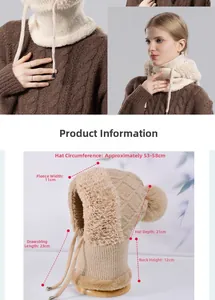 Detail view of winter knitted hooded scarf with fleece lining and adjustable drawstrings