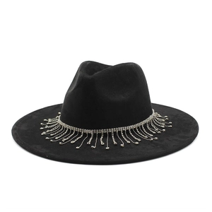 Elegant black wide brim fedora hat featuring a sparkling rhinestone tassel decorative band