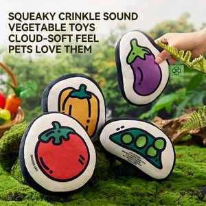 Plush squeaky vegetable dog toys set with tomato and eggplant on natural mossy background
