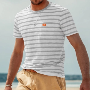 Men's summer casual short sleeve striped t-shirt with orange chest pocket detail