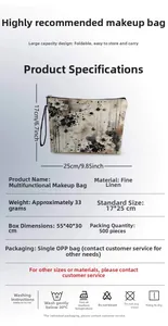 Detail view of 17x25cm floral linen pouch showing dimensions and functional product specs