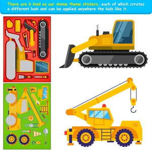 Detail of construction vehicle DIY stickers showing bulldozer and crane parts for kids