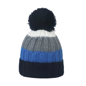 Men's thick winter knit beanie with colorful stripes and navy blue faux fur pompom
