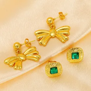 Bow And Square Stud Earrings 18K Gold Plated 304 Stainless Steel With Zircon And Green Glass Vintage Niche For Women
