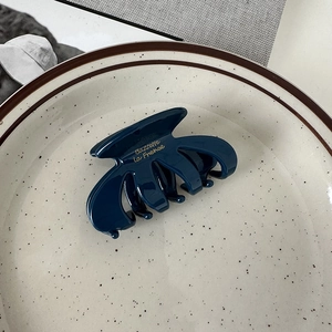 Close-up of deep blue pumpkin oval hair claw clip with gold lettering on ceramic plate