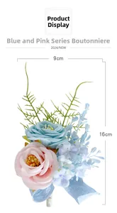 Detailed view of blue and pink artificial wedding boutonniere with ribbon, 16cm x 9cm