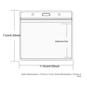 Technical drawing showing dimensions of transparent horizontal ID card holder with zip seal