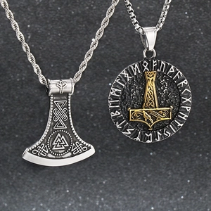 Collana con ciondolo Martello di Thor e ascia vichinga in acciaio inossidabile bicolore
